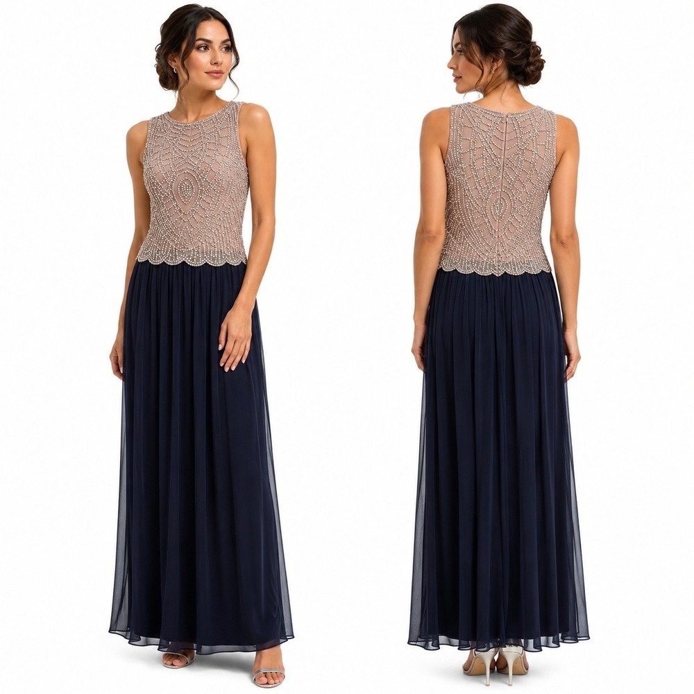 Cachet Dress Womens 14 Gown Beaded‎ Mesh Navy Blue Chiffon Pleated Maxi Mother